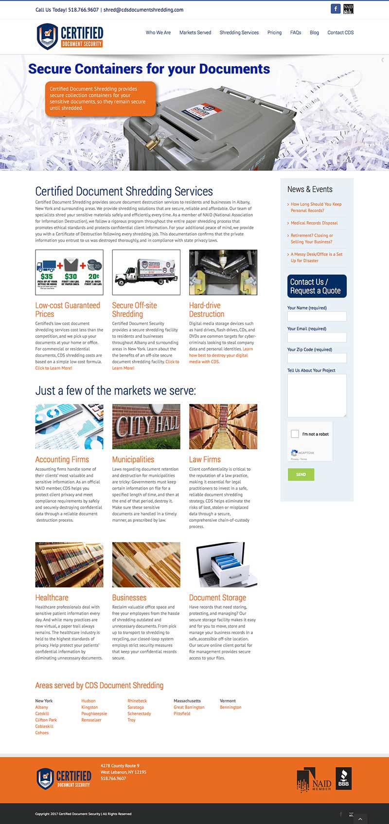 Homepage of Certified Document Shredding website, designed and hosted by Blass Web Services