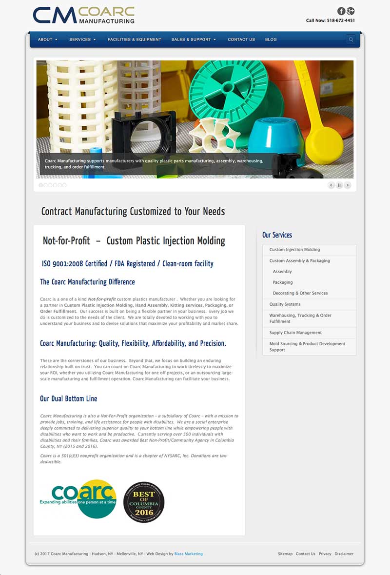 Homepage of COARC Manufacturing website designed and hosted by Blass Web Services