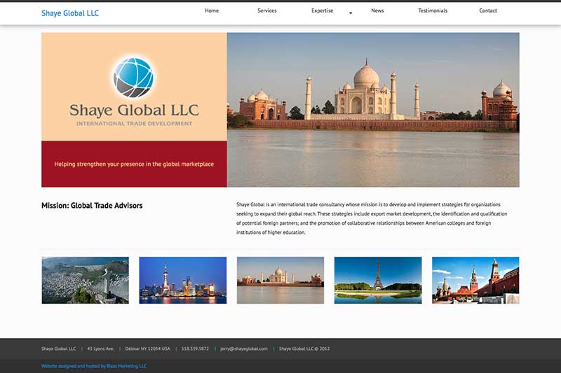 Home page of Shaye Global website designed and hosted by Blass Web Services